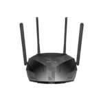 Router Mercusys MR80X vista frontal antenas 5dBi, Puertos Gigabit traseros Mercusys MR80X, Diagrama de cobertura Beamforming MR80X.