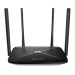 Router Mercusys AC12G vista frontal 4 antenas, Panel trasero puertos Gigabit Mercusys AC12G, Diagrama cobertura Beamforming AC12G.