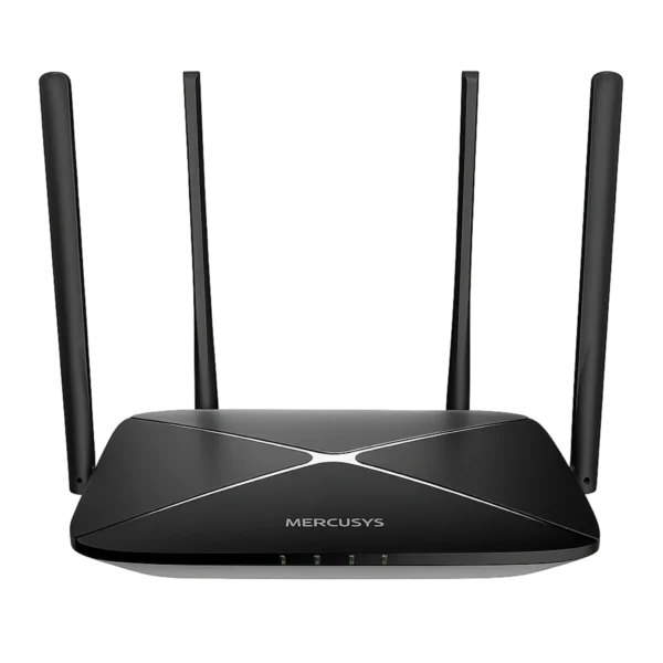 Router Mercusys AC12G vista frontal 4 antenas, Panel trasero puertos Gigabit Mercusys AC12G, Diagrama cobertura Beamforming AC12G.