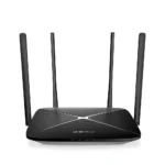 Router Mercusys AC12G vista frontal 4 antenas, Panel trasero puertos Gigabit Mercusys AC12G, Diagrama cobertura Beamforming AC12G.