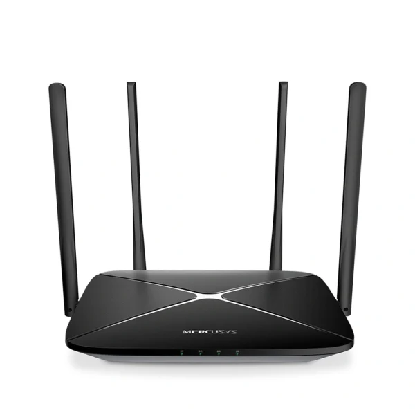 Router Mercusys AC12G vista frontal 4 antenas, Panel trasero puertos Gigabit Mercusys AC12G, Diagrama cobertura Beamforming AC12G.