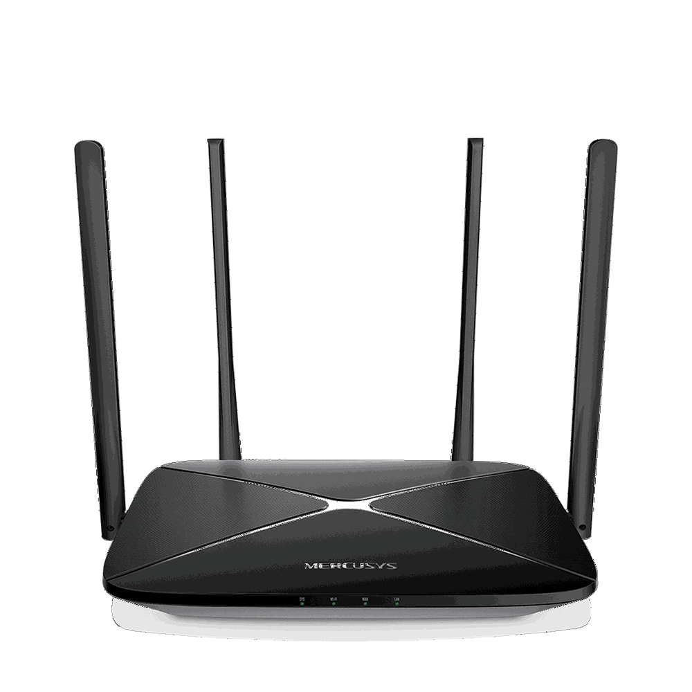 Router Mercusys AC12G vista frontal 4 antenas, Panel trasero puertos Gigabit Mercusys AC12G, Diagrama cobertura Beamforming AC12G.